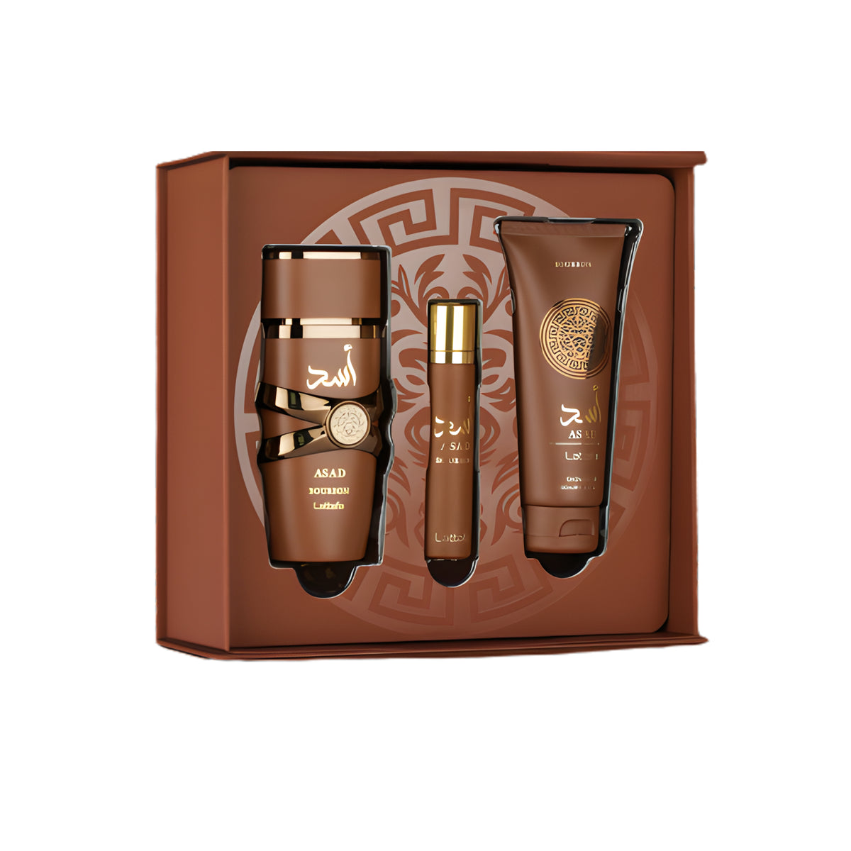 LATTAFA ASAD BOURBON 3 PCS GIFTSET WITH 100ML EDP + 12ML TRAVEL SPRAY + 100ML SHOWER GEL