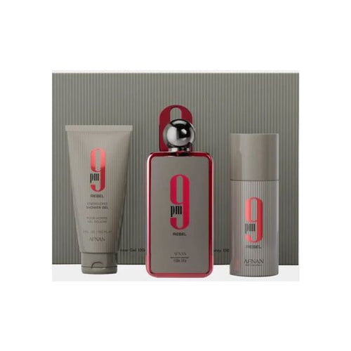 AFNAN 9PM REBEL U 3PCSET 3.4 EDP SPRAY 5.0 S.GEL 5.0 DEO DISPLAY BOX