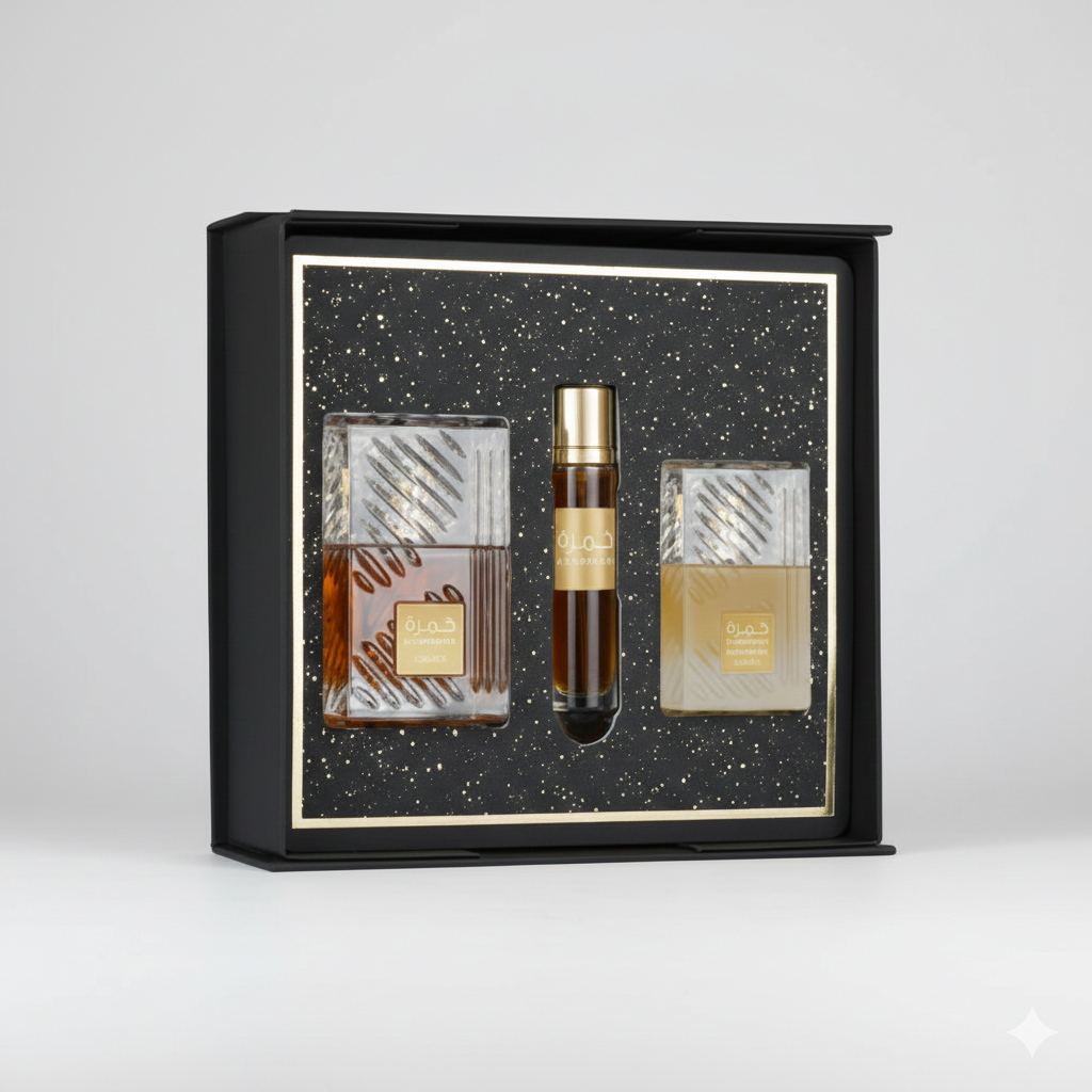 LATTAFA KHAMRAH 3 PCS GIFTSET WITH 100ML EDP + 12ML TRAVEL SPRAY + 50ML HAIR MIST