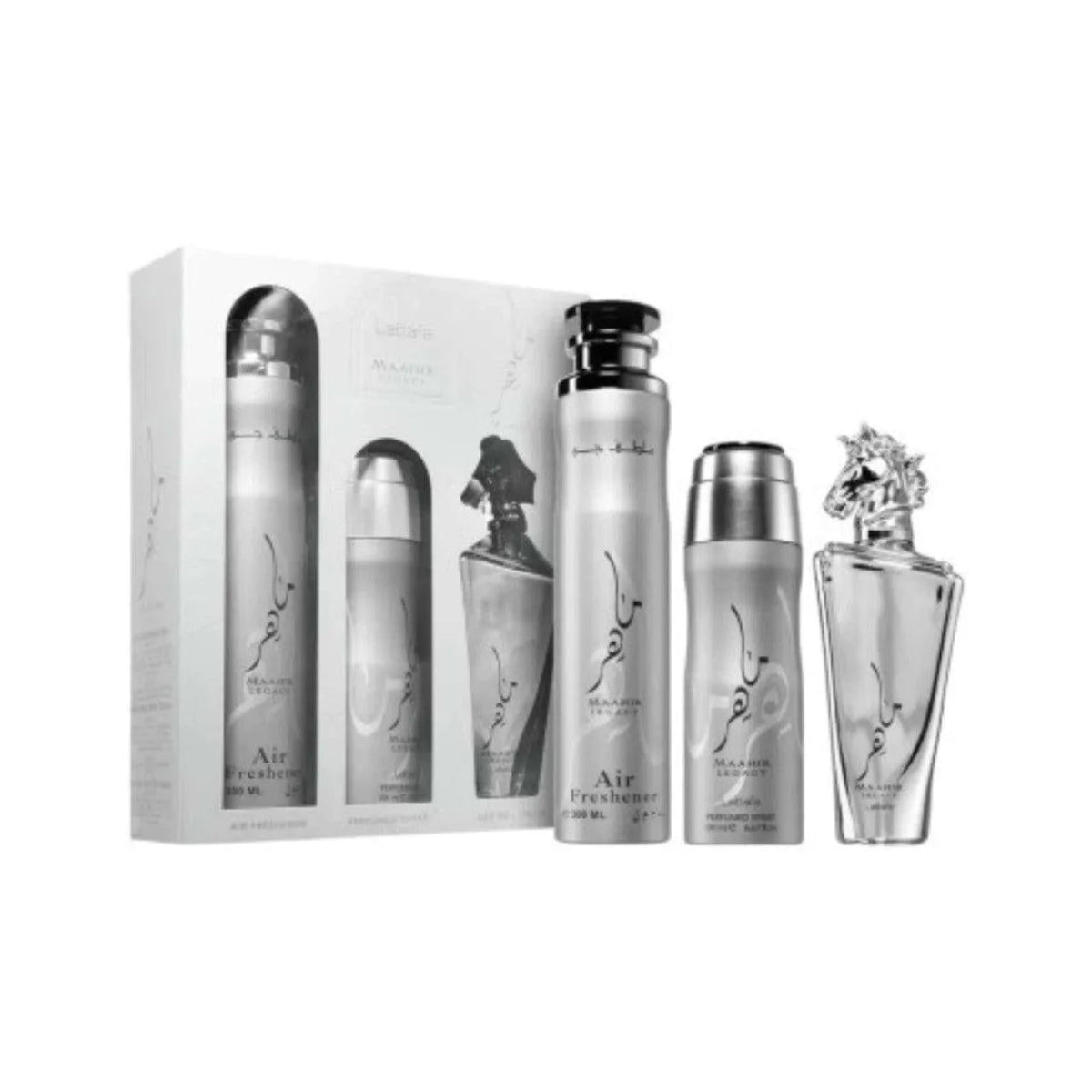 LATTAFA MAAHIR LEGACY 3 PCS GIFT SET WITH 100ML EDP + 200ML DEO + 50ML AIR FRESHNER