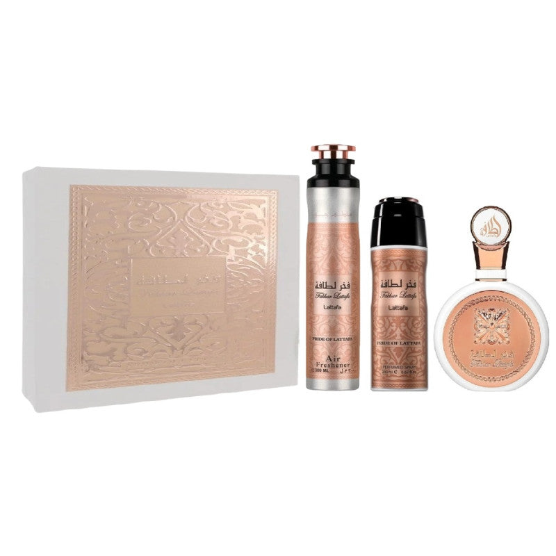 LATTAFA FAKHAR WOMEN 3 PCS GIFTSET WITH 100ML EDP SPRAY + 200ML PERFUMED SPRAY + 300ML AIR FRESHENER