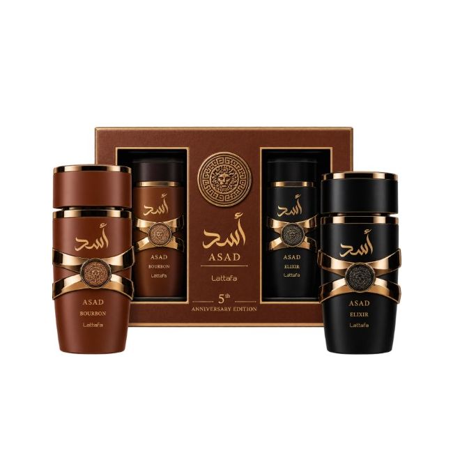 LATTAFA ASAD BROWN 5TH ANNIVERSARY 2 PCS GIFT SET ASAD BOURBON AND ELIXIR