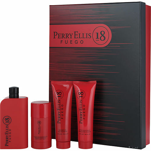 Perry Ellis 18 Fuego 4PC Men Set Includes: 1x - 3.4 oz. Eau De Toilette Spray 1x - 2.75 oz. Alcohol Free Deodorant Stick 1x - 3.0 oz. Shower Gel 1x - 3.0 oz. After Shave Balm